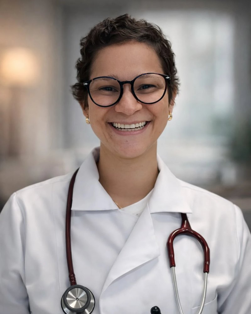 Dra. Gabriela Dias Medeiros, pediatra intensivista, de jaleco em ambiente hospitalar