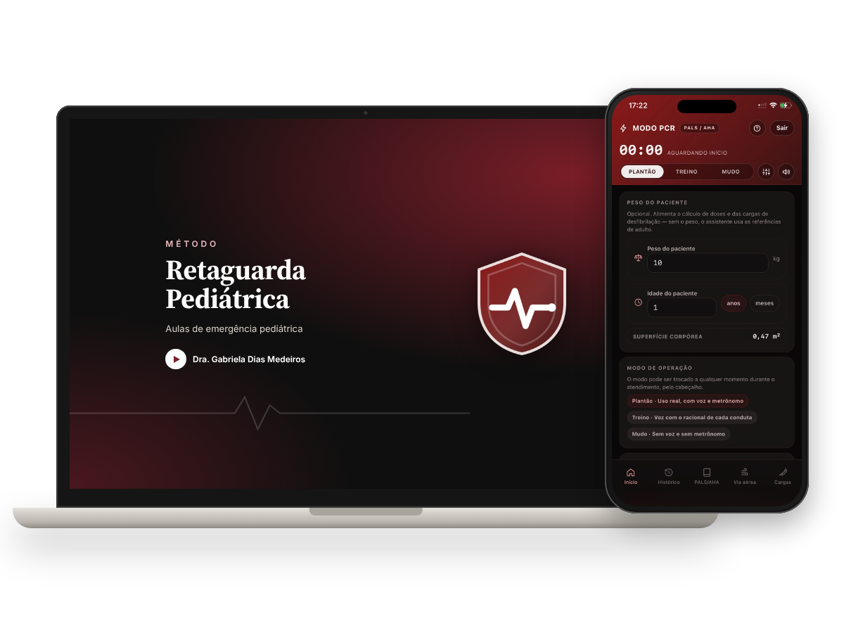 Celular com o app Retaguarda Ped aberto no Modo PCR ao lado de um notebook exibindo uma aula do método
