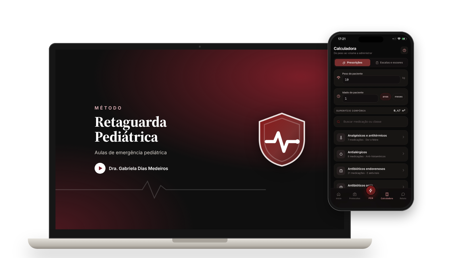 Capa do curso Método Retaguarda Pediátrica ao lado de um celular com o app Retaguarda Ped