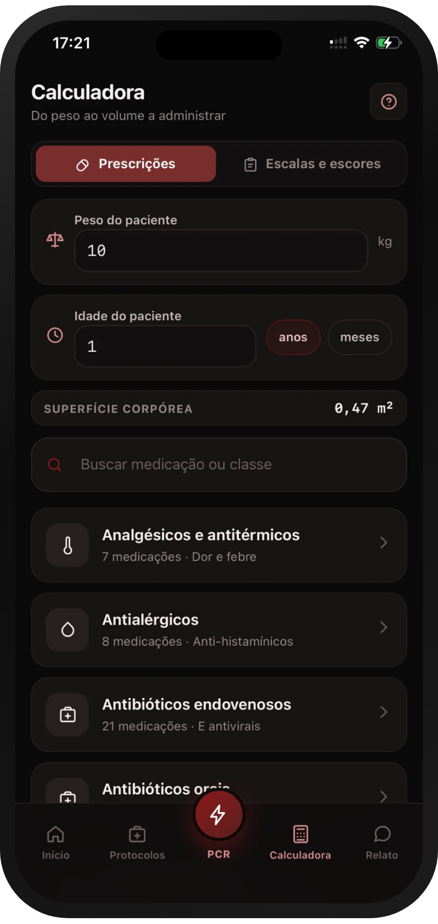 Tela do app Retaguarda Ped: calculadora com o peso da criança preenchido