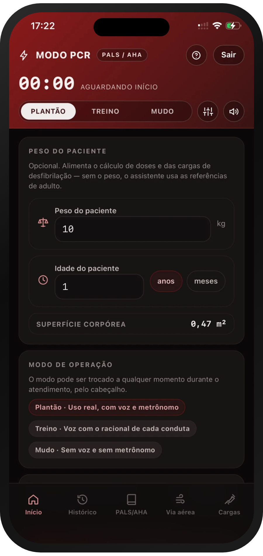 Tela do app Retaguarda Ped: Modo PCR com cronômetro, metrônomo e contagem de adrenalina