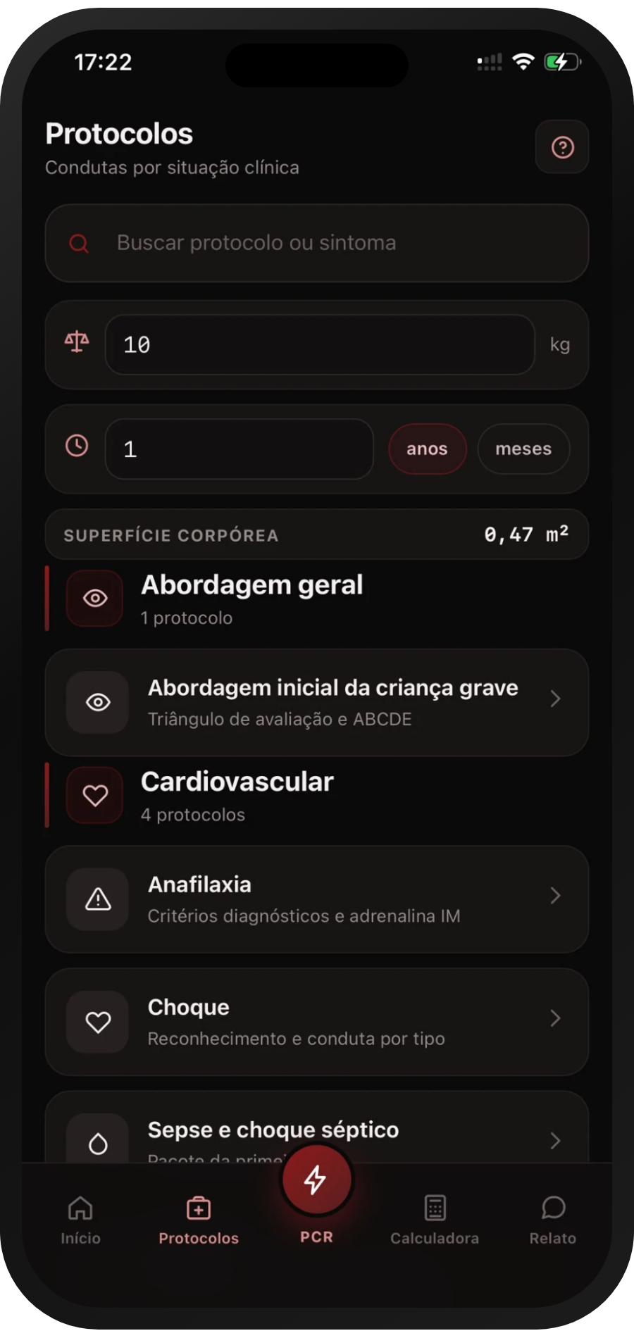 Tela de protocolos do app Retaguarda Ped, organizados por situação clínica