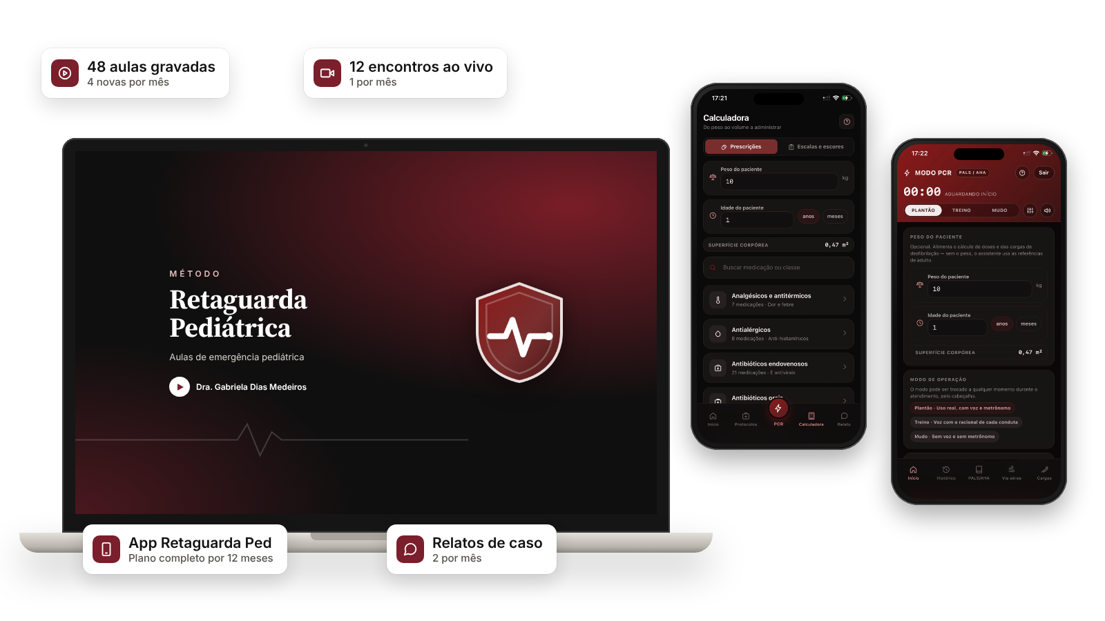 Composição com todos os itens do Método Retaguarda Pediátrica: curso, encontros ao vivo, app e relatos de caso